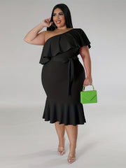 Plus Size One Shoulder Ruffle Mermaid Dress with Belt