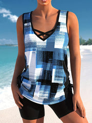  Patchwork Print Criss Cross Tankini Set