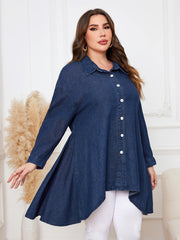  Casual Denim Top Women's Plus Solid Button Up Long Sleeve Tunic
