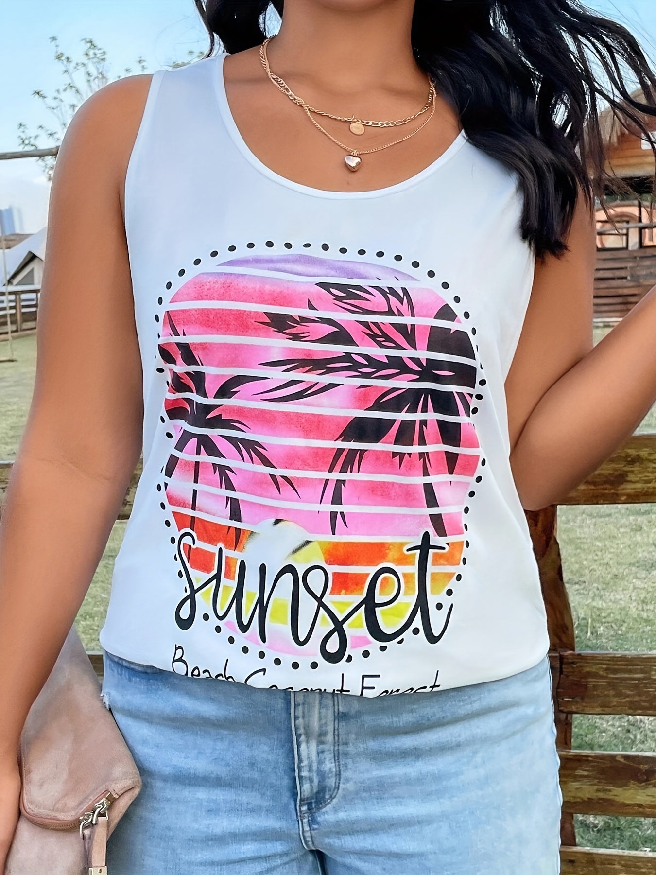  Colorblock Coconut Tree Sunset Tank Top