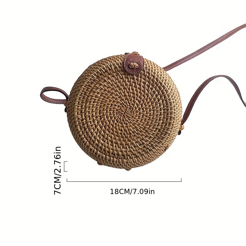 Boho Style Round Rattan Woven Bag Square Beach Straw Crossbody Purse