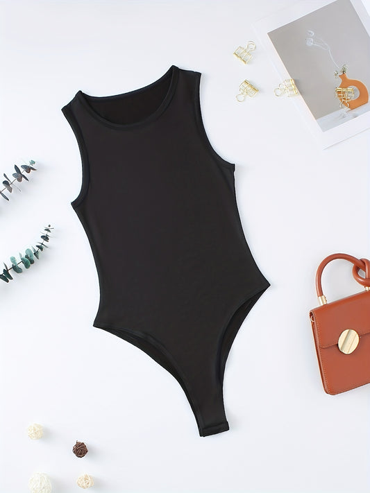 Solid Sleeveless Bodysuit Casual Crew Neck Summer Bodysuit Women's Clothing