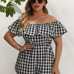  Off Shoulder Ruffle Trim Plaid Pattern Romper