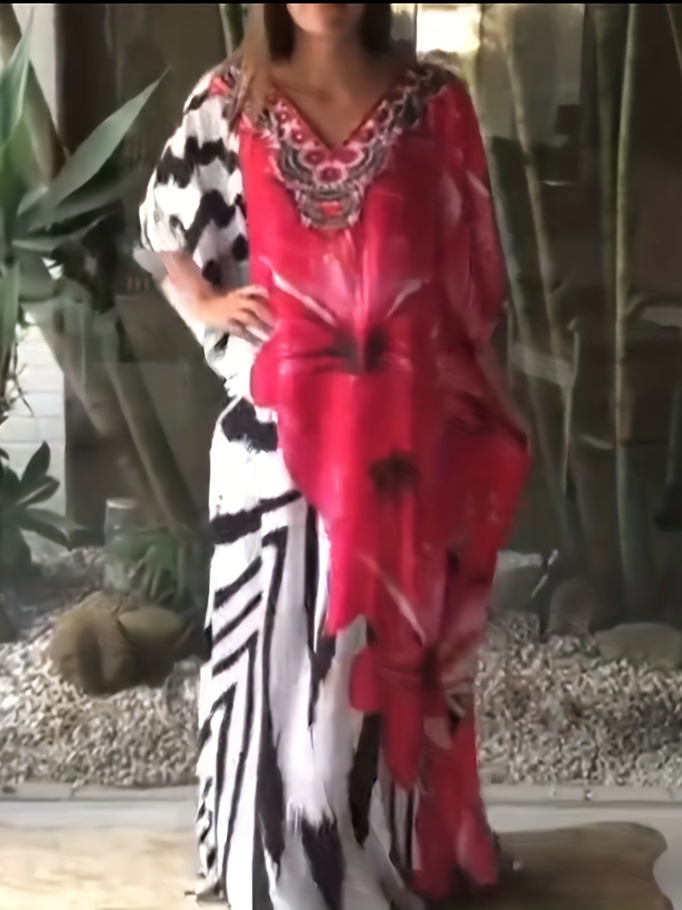  Boho Cover Up Dress Women's Plus Colorblock Floral Print Bat Sleeve V
