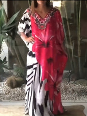  Boho Cover Up Dress Women's Plus Colorblock Floral Print Bat Sleeve V