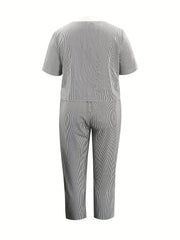 Women's Plus Stripe Print Button Decor Short Sleeve Top & Pants Two Piece