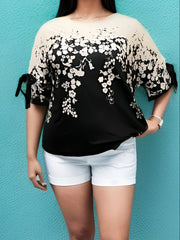  Colorblock Floral Print Tie Sleeve Blouse
