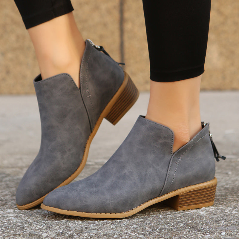 Women's Low Heel Ankle Boots, Back Zipper, Pointed Toe, Faux Leather