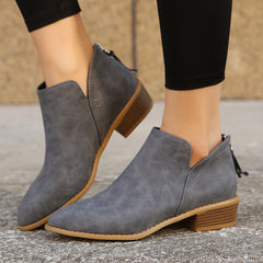 Women's Low Heel Ankle Boots, Back Zipper, Pointed Toe, Faux Leather