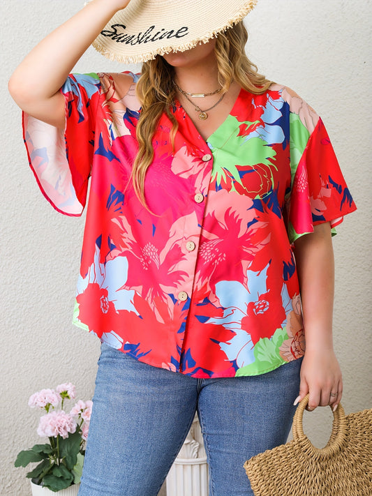  Casual Blouse Women's Plus Contrast Floral Print Half Butterfly Sleeve