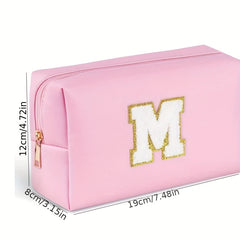 Preppy Makeup Bag With Zipper Chenille Letter Pink Travel Cosmetic Bag For Women
