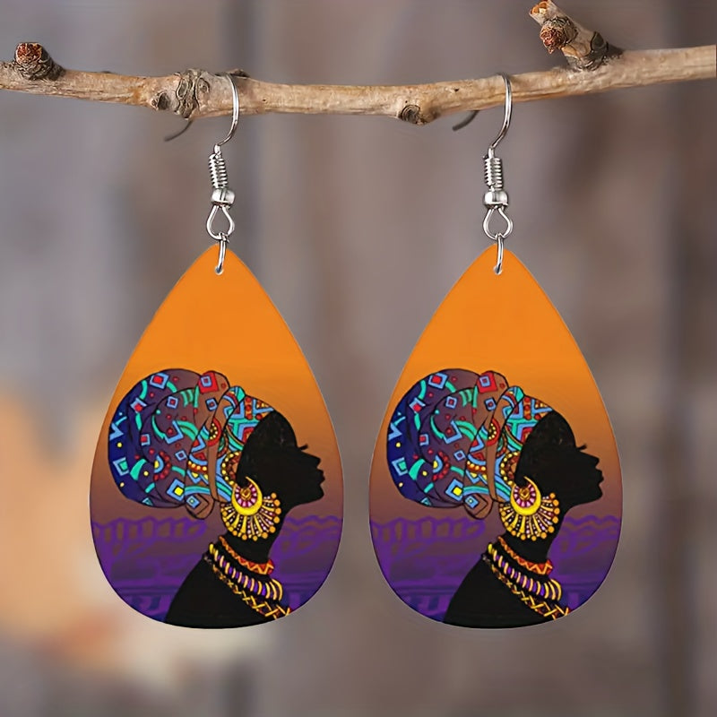 Girl Pattern Teardrop Earrings PU Leather Ethnic Style Halloween Gift