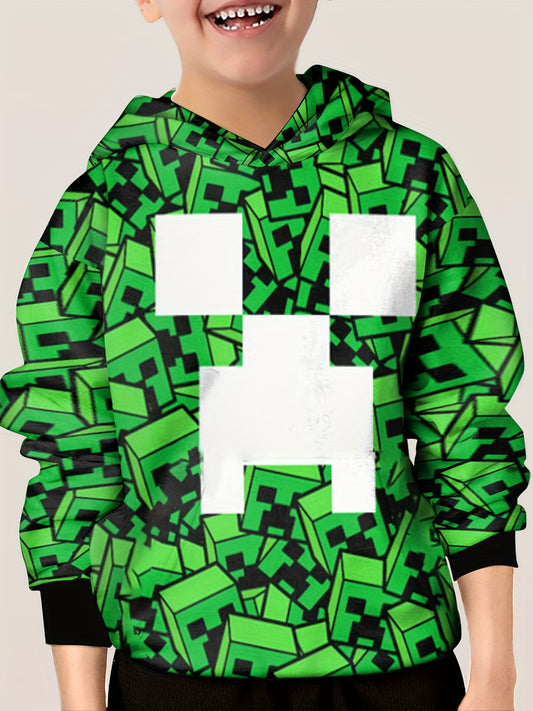 Pixel Square Print Hoodie Boys Loose Comfy Long Sleeve Hooded Sweatshirt