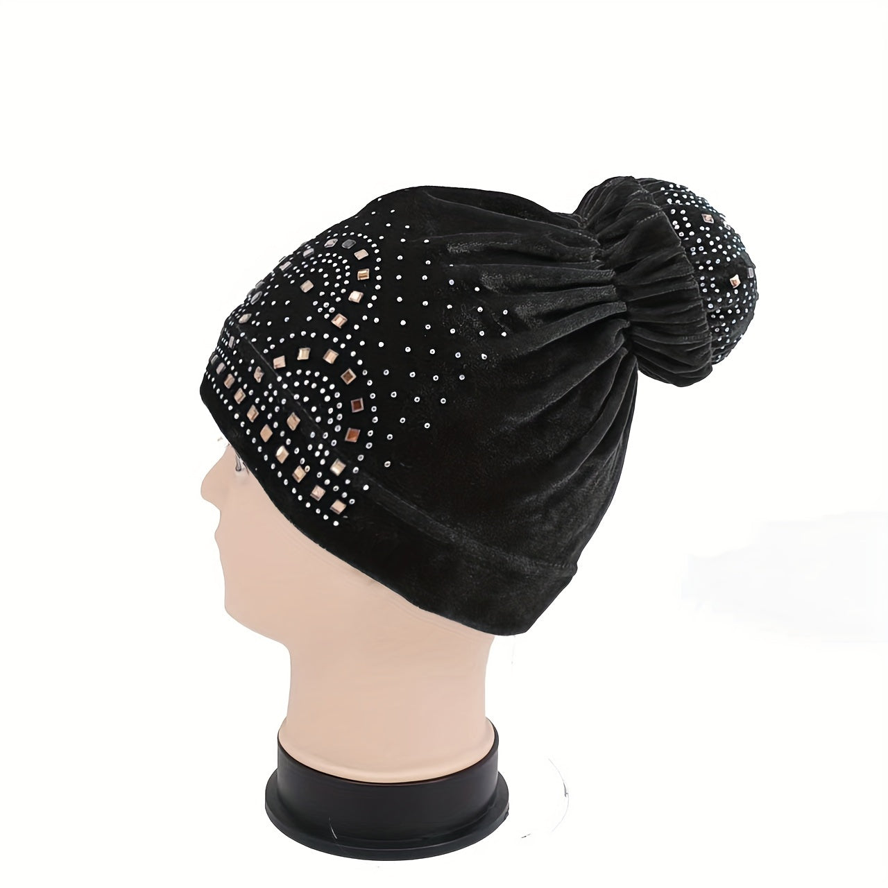 Pom Pom Rhinestone Turban Velvet Head Wrap Chemo Cap