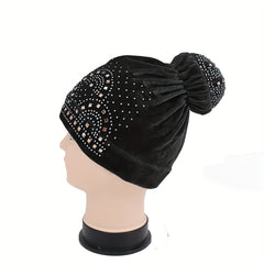 Pom Pom Rhinestone Turban Velvet Head Wrap Chemo Cap