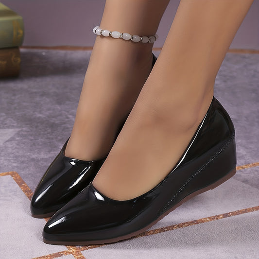 Women's Pointed Toe Wedge Heels Soft Patent Leather Comfy Work Shoes