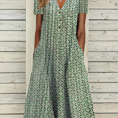 Button Front Allover Print Dress Casual Short Sleeve Dress