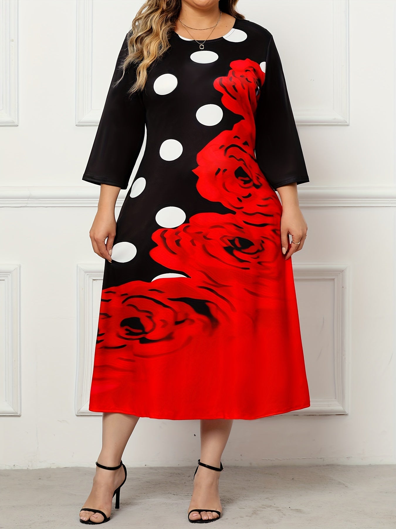 Plus Size Polka Dot & Floral Print Maxi Dress
