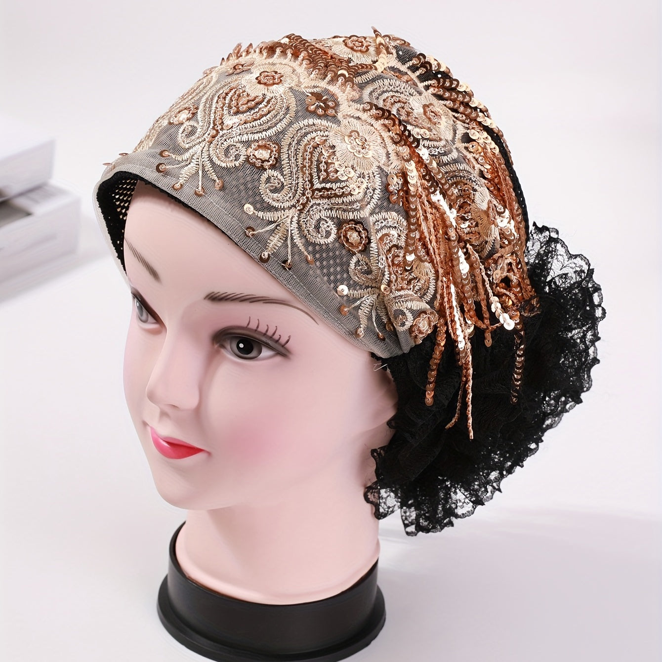 Sequin Tassel Embroidery Beanie Lace Flower Turban Cap Head Wrap