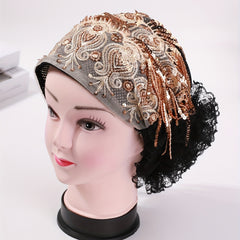 Sequin Tassel Embroidery Beanie Lace Flower Turban Cap Head Wrap