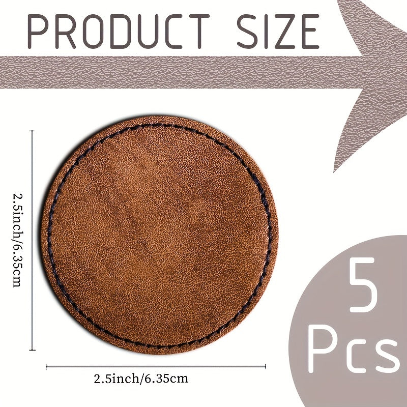 5pcs Antique Ribbon Laserable Faux Leather Round Patches with Hot Melt Adhesive