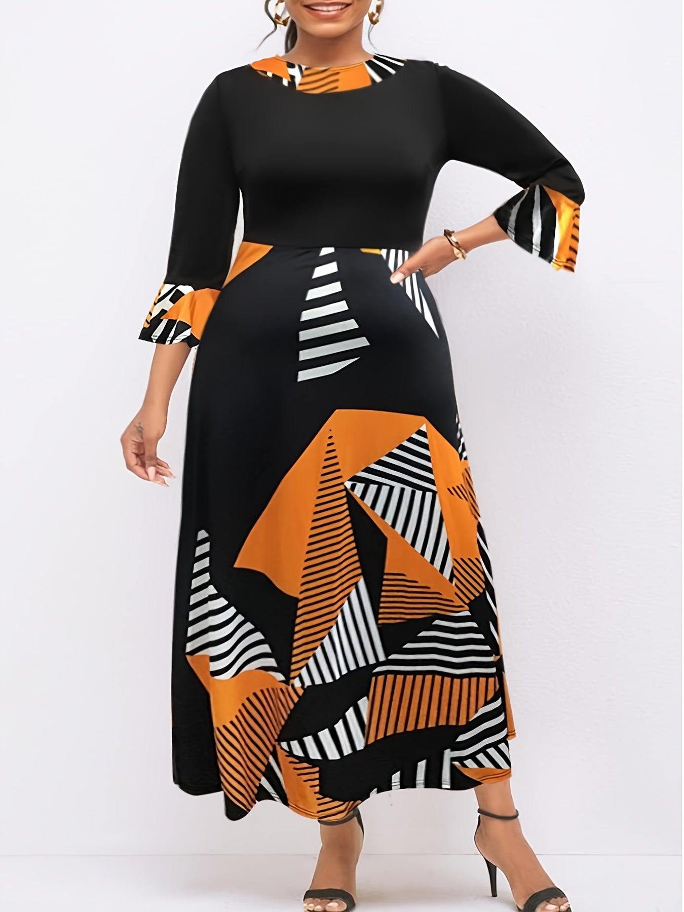 Colorblock Geometric Print Bell Sleeve Maxi Dress