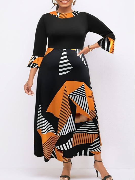 Colorblock Geometric Print Bell Sleeve Maxi Dress