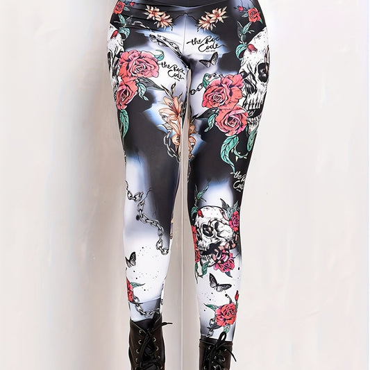  Goth Leggings Floral & Skull Print Tummy Control