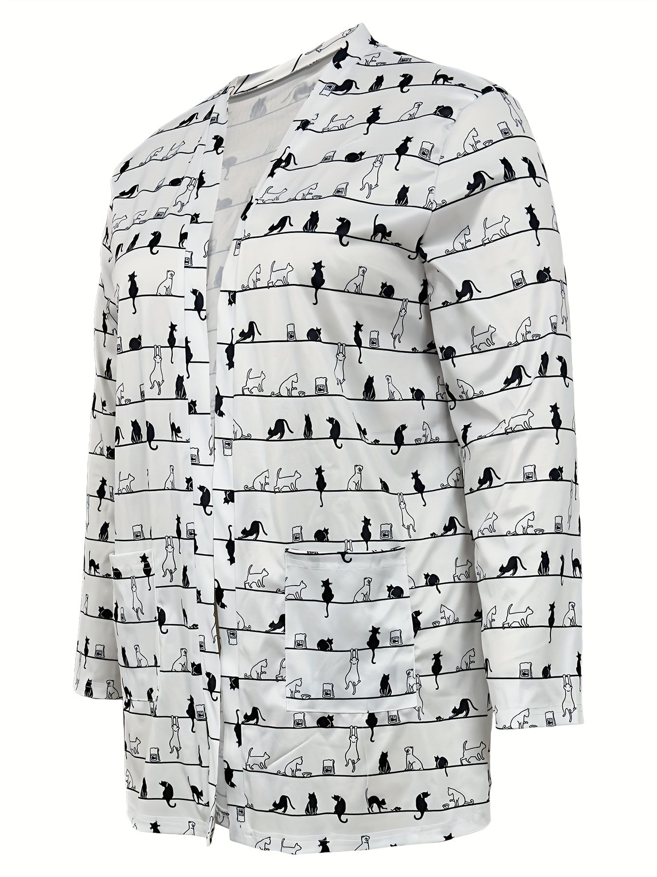  Cat Print Long Sleeve Open Front Cardigan