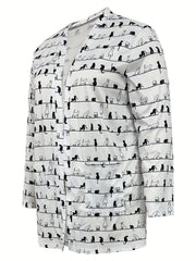  Cat Print Long Sleeve Open Front Cardigan