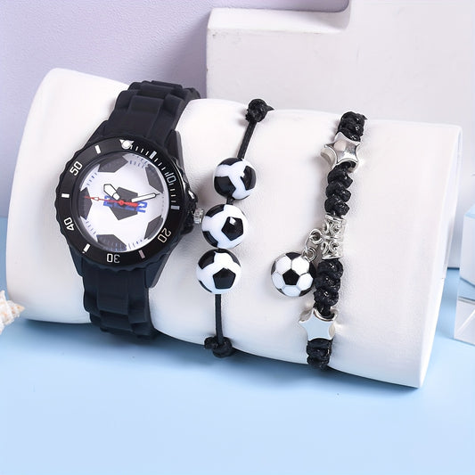 Boys' Soccer Watch Set 3pcs Silicone Strap Quartz Sports Football Motifs