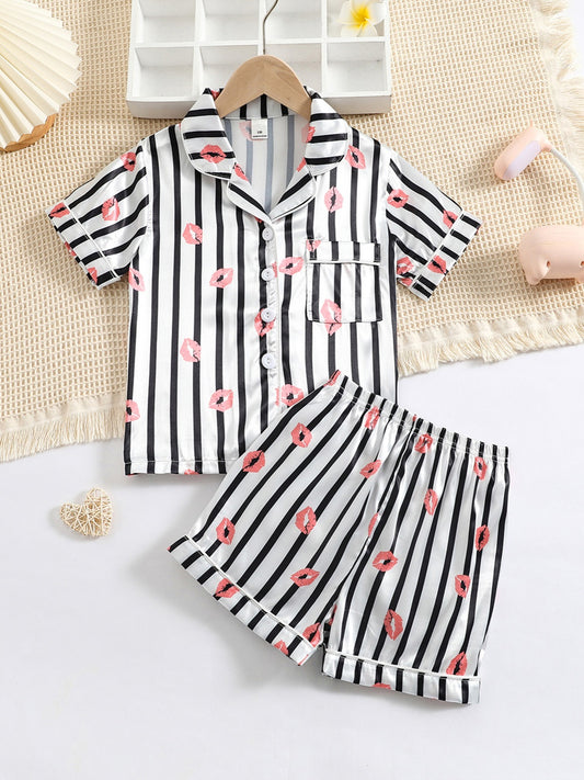Girls Lip Print Satin Pajama Set
