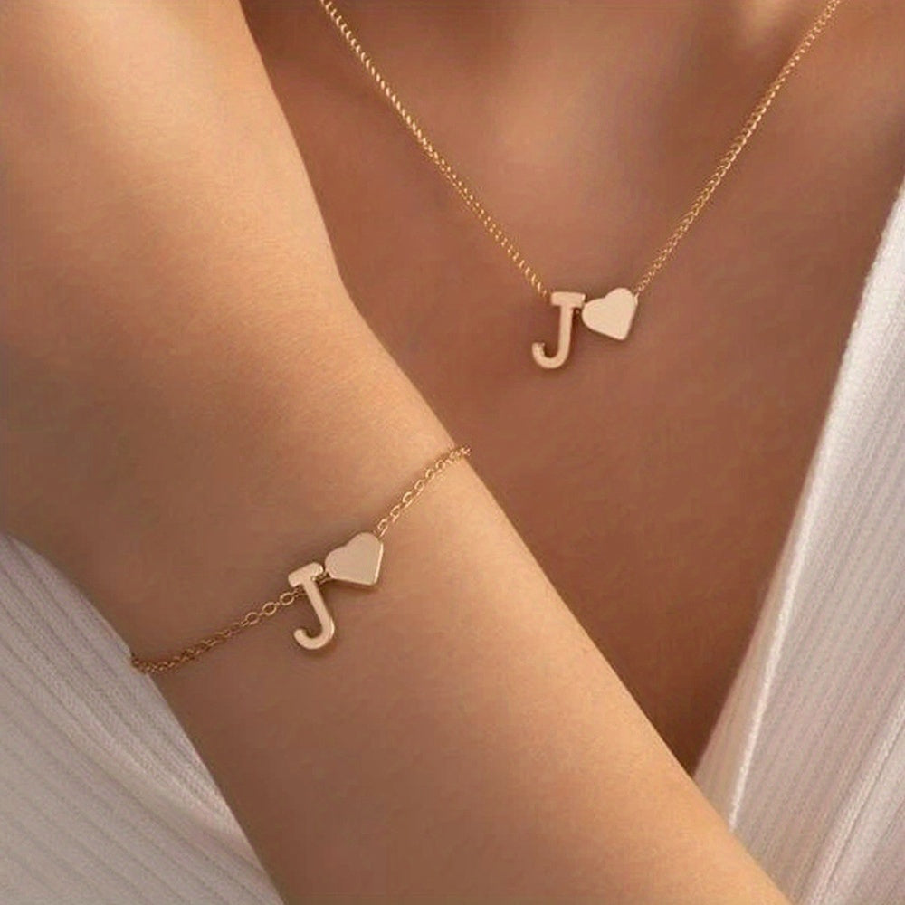26 Letters Pendant Necklace & Chain Bracelet Set for Women & Girls