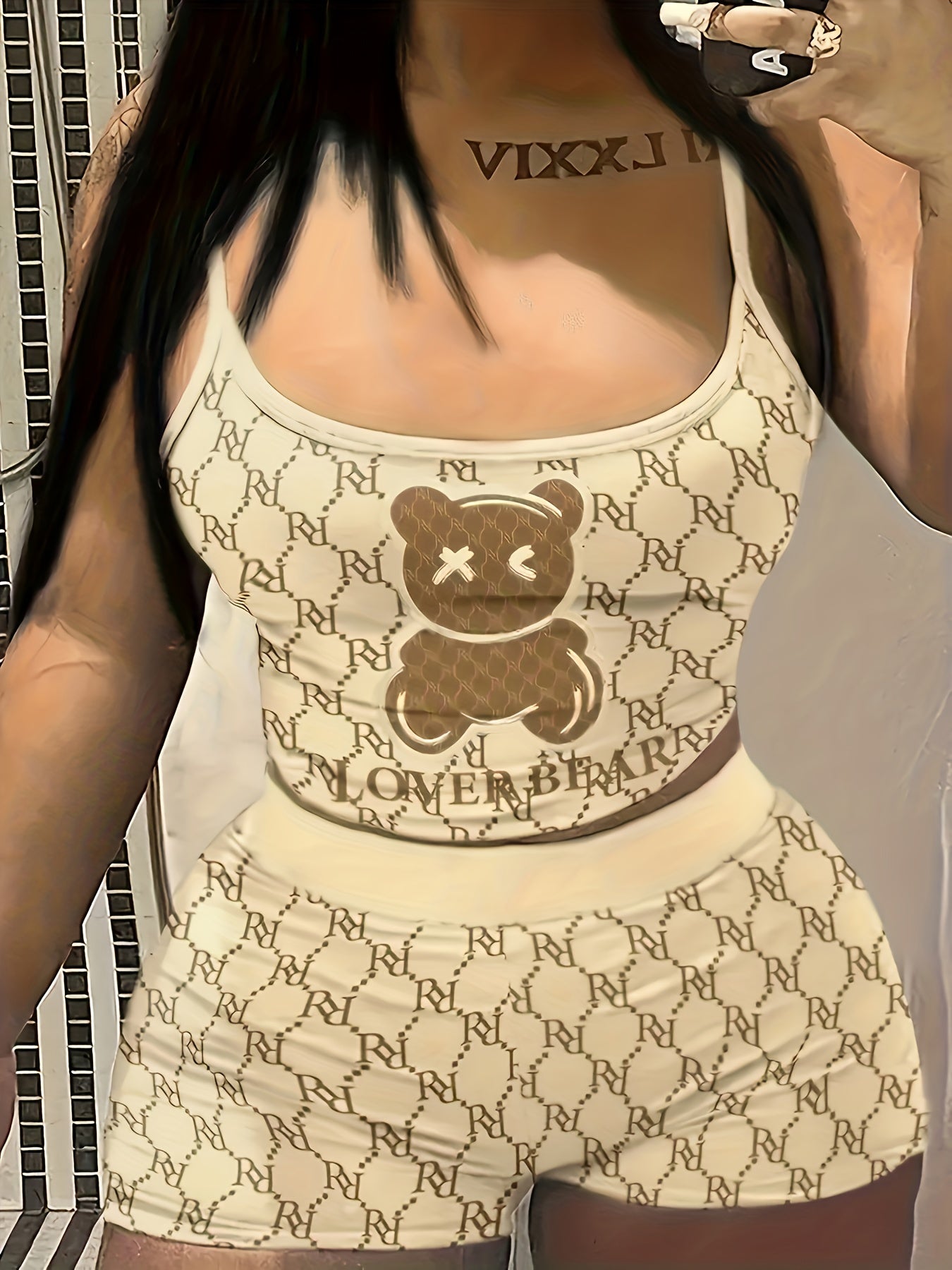 Women's Plus Two Piece Geometric & Bear Print Cami Top & Shorts Set