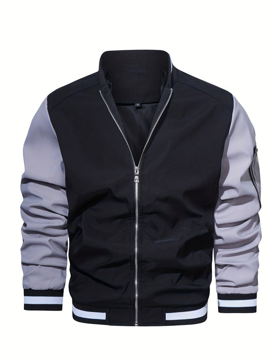Men's Block Long Sleeve Jacket With Pockets Casual Stand Collar