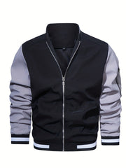 Men's Block Long Sleeve Jacket With Pockets Casual Stand Collar