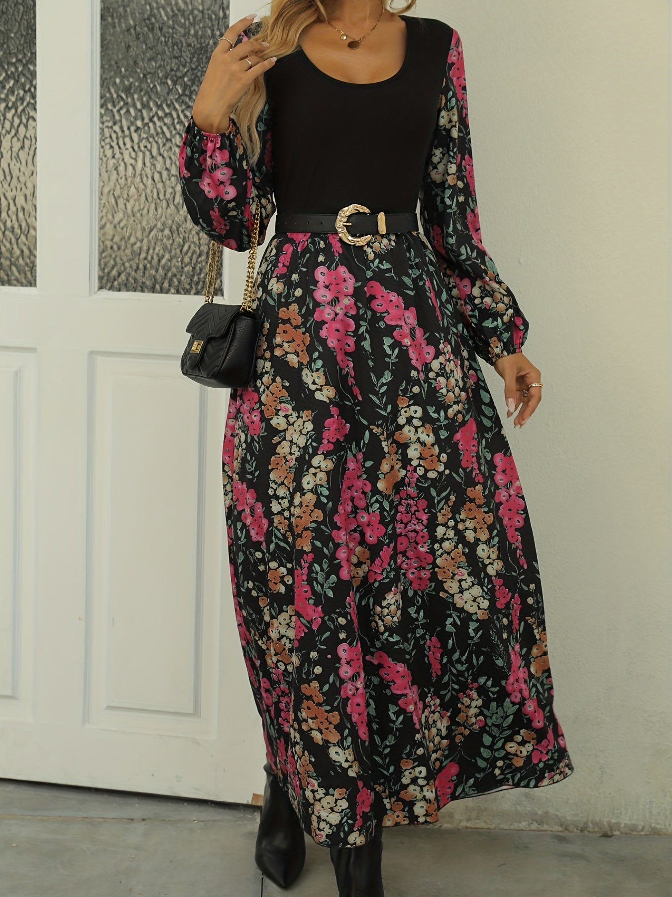 Women's Plus Colorblock Floral Print Long Sleeve Round Neck Maxi Dress