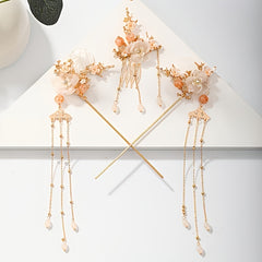 Flower Tassel Hairpin Earrings Hanfu Headwear Set