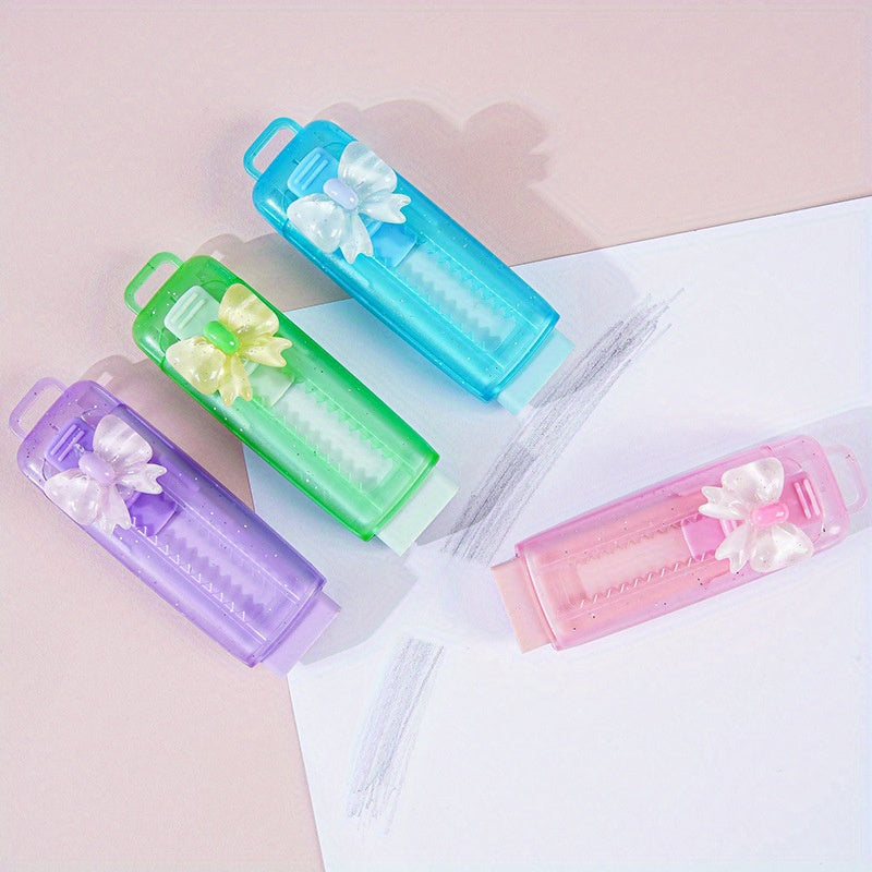 4pcs Push Pull Erasers with Pastel Bow - Non Toxic Rubber & ABS Construction