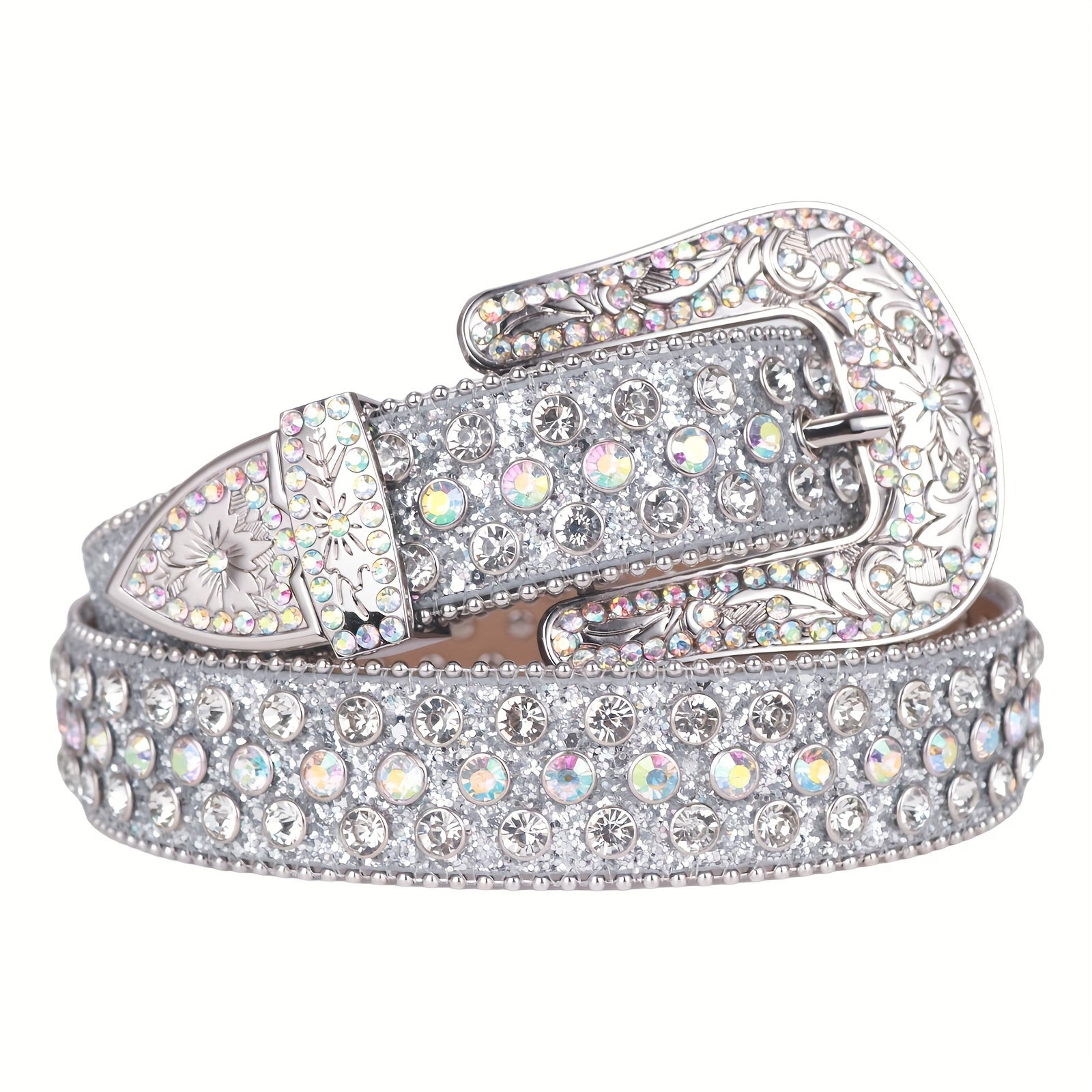 Men's Rhinestone Belt Flower Buckle Crystal Studded Cowgirl Cowboy Strap Jeans