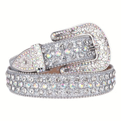 Men's Rhinestone Belt Flower Buckle Crystal Studded Cowgirl Cowboy Strap Jeans