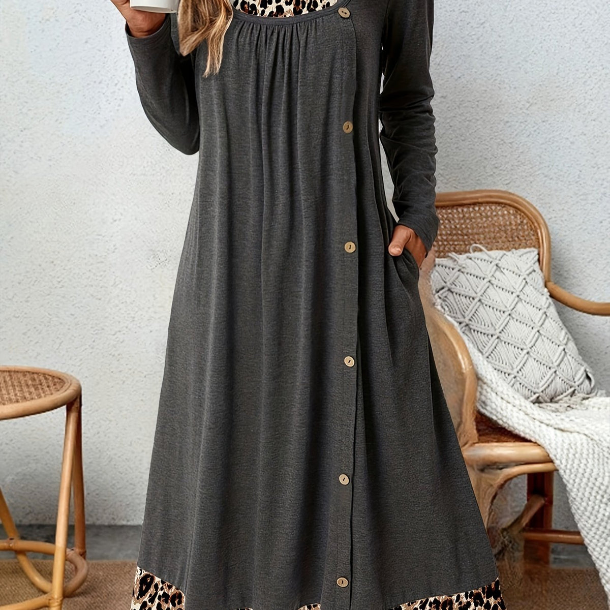  Colorblock Leopard Print Square Neck Midi Dress