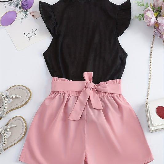 2pcs Toddler Girls Ribbed Knit Top & Shorts Set