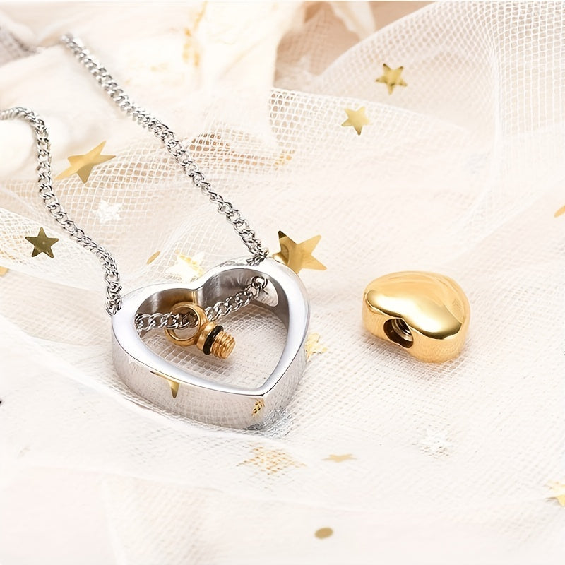 Double Heart Cremation Necklace Stainless Steel Memorial Locket Keepsake