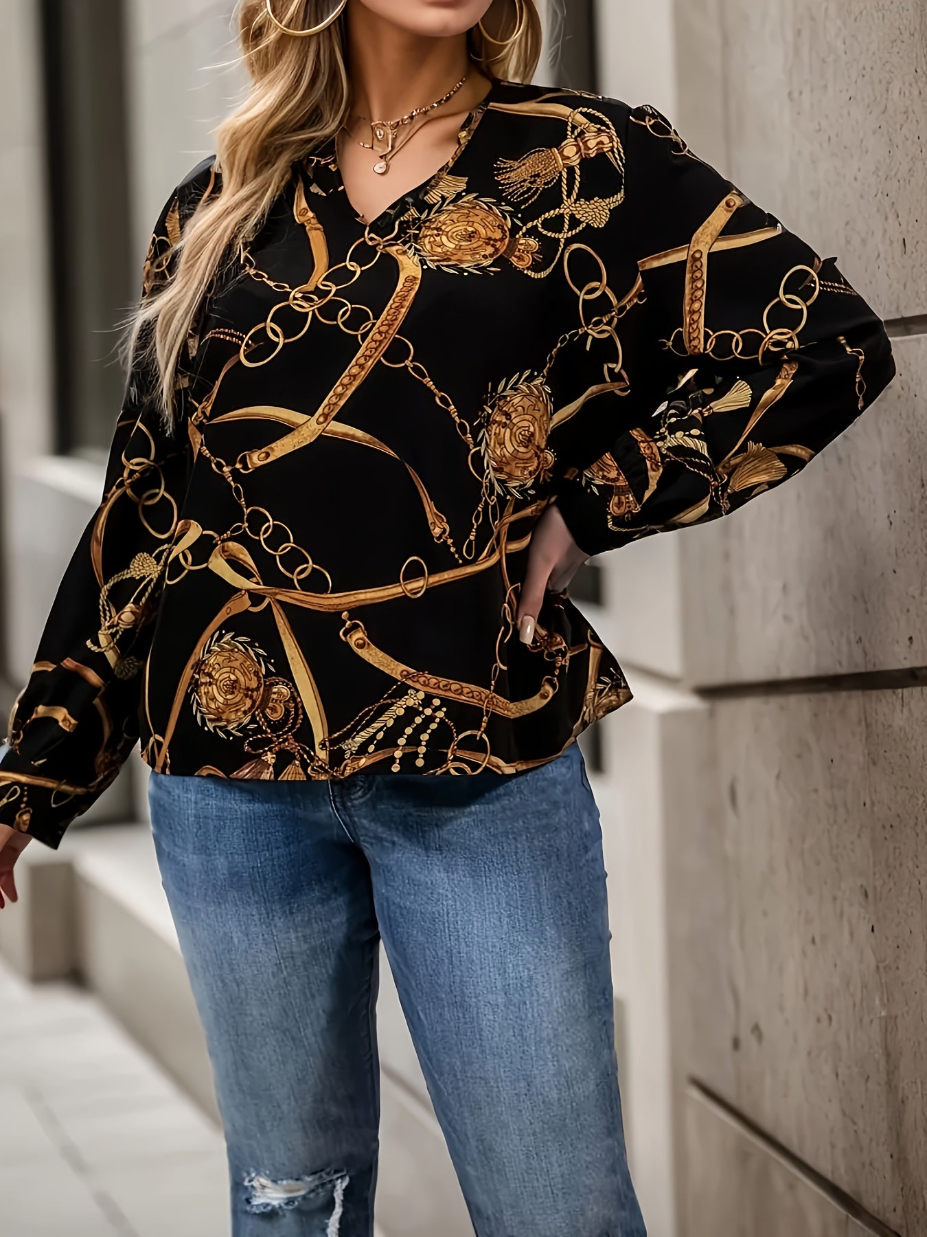  Casual Blouse Women's Plus Chain Print Top