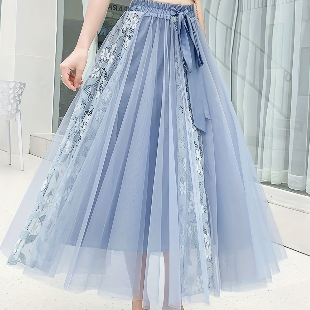 Lace Pleated Maxi Skirt with High Waist