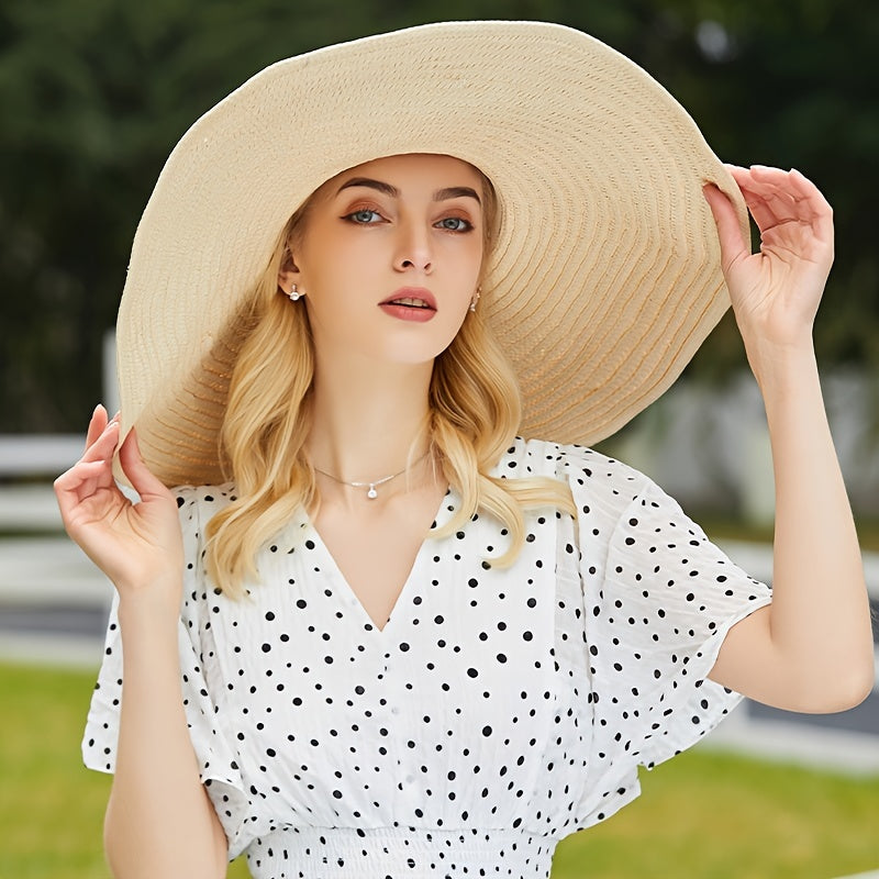 Oversized Brim Khaki Sun Hat Women Straw Beach Travel Cap