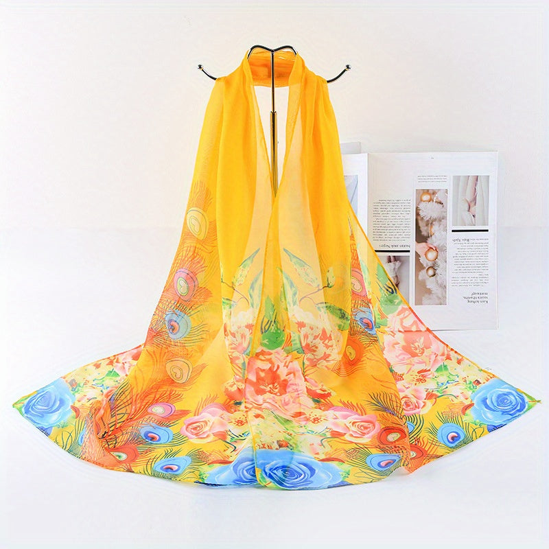 Peacock Flower Chiffon Scarf Sunscreen Shawl Outdoor Travel Head Wrap