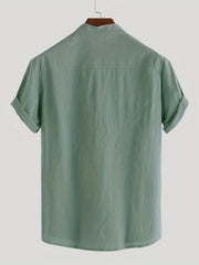 Men's Cotton Comfy Shirt Short Sleeve Crew Neck Pockets Shirt