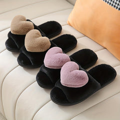 Plush Lined Heart Decor Slippers, Open Toe, Comfortable Indoor Shoes